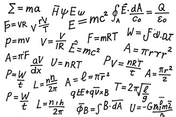 Scientific background with handwritten physics and math equations in black and white style, featuring mechanics, electromagnetism and thermodynamics formulas.