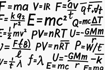 Handwritten physics and mathematics equations background in black and white style, featuring energy, force, thermodynamics and relativity formulas.