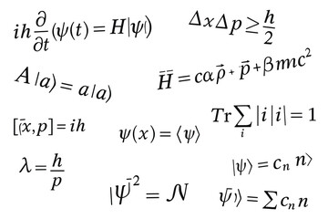 Handwritten quantum mechanics equations and physics formulas on white background featuring Schr&ouml;dinger equation and uncertainty principle.