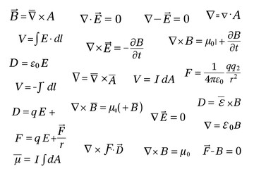 Handwritten electromagnetism equations and physics formulas on white background featuring Maxwell equations and electric field symbols.