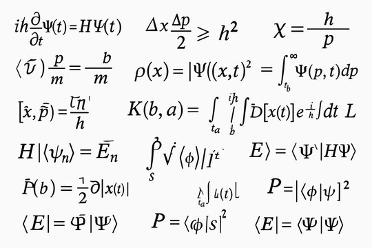 Quantum physics formulas and mathematical equations background in black and white style, featuring wave function, Schr&ouml;dinger equation and symbols.