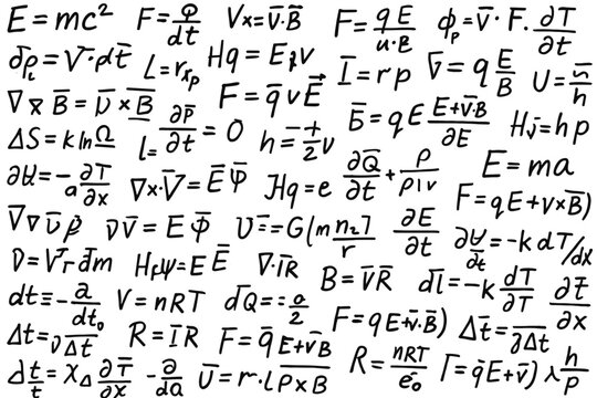 Handwritten physics equations and mathematical formulas on white background featuring E=mc&sup2; and scientific symbols for education and research.