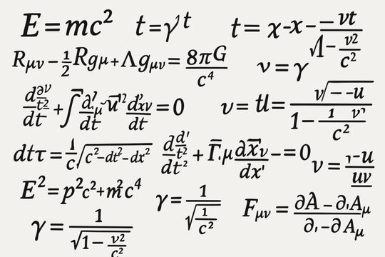 Handwritten relativity and physics equations including E=mc&sup2; on white background, science and theoretical mathematics concept illustration.