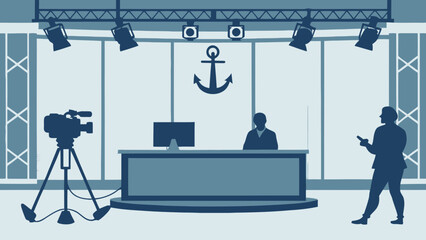 Television studio with news desk, camera, microphones, and spotlights, professional broadcasting setup for news reporting, vector illustration