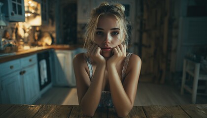Naklejka premium Stunning Young Woman Feeling Fearful, Seated At Kitchen Table. A Description Of A Gorgeous Woman Sitting At A Kitchen Table.