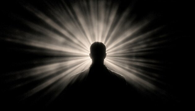 Silhouette Of A Man Bathed In Rays Of Light: Capturing The Aura Or Soul Through Rendering Techniques. Aesthetic And Spiritual Image.
