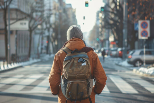Personne avec sac &agrave; dos marchant dans une rue urbaine au coucher du soleil, ambiance hivernale. Th&egrave;me migration, mobilit&eacute;, int&eacute;gration, parcours de vie en ville europ&eacute;enne.