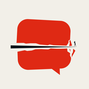 This business woman cut through noise and nonsense concept shows a female silhouette cutting a red speech bubble in a minimal vector illustration concept symbol design.