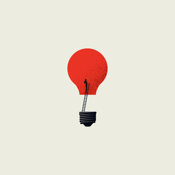 This business creativity concept features a woman climbing a ladder to reach a red light bulb symbolizing innovation and new ideas in a minimal vector illustration concept symbol.