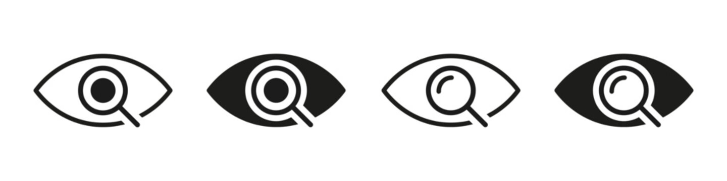 Search icon in eye form, find sign, content viewing, visibility and view symbol with magnifying glass, visual inspection element, watching and scanning
