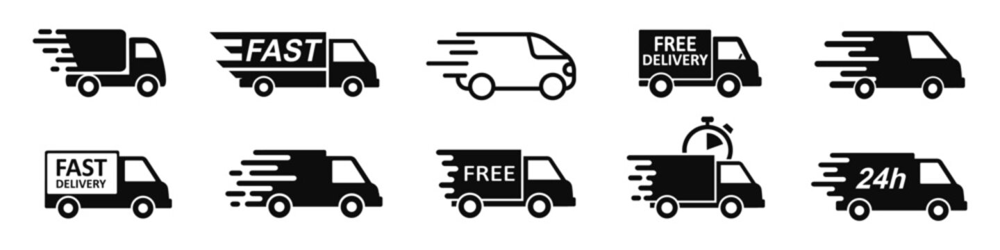 Fast shipping delivery truck icon set, free delivery sign, free and express 24 hours shipping service icon, shipment fast van pack, courier transport, distribution and logistic