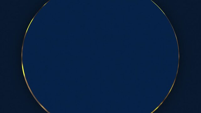 Blue circle with gold glowing frame line on navy blue background. Abstract geometric backdrop for presentation, advertising