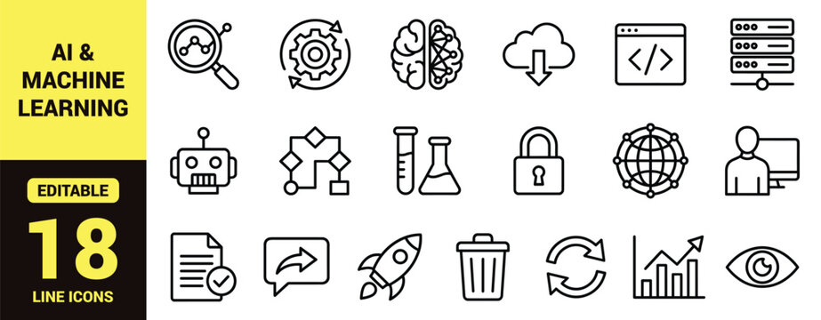 Artificial intelligence line icons set with AI technology symbols, machine learning, data analytics, cloud download, coding, cybersecurity, automation and digital innovation outline pack