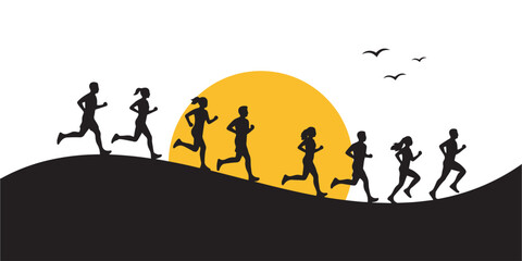 Running Silhouette at Sunset with Birds Minimal Vector Illustration.