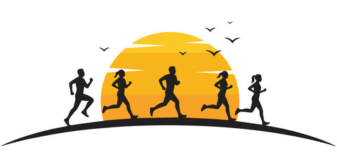 Running Silhouette at Sunset with Birds Minimal Vector Illustration.