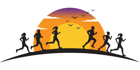 Running Silhouette at Sunset with Birds Minimal Vector Illustration.