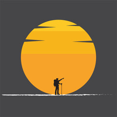 Hiker Silhouette Against Giant Sunset Circle Illustration.