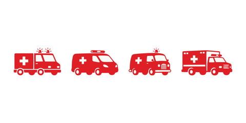 Ambulance Emergency Vehicle Icon Set in Flat Red Vector Style.