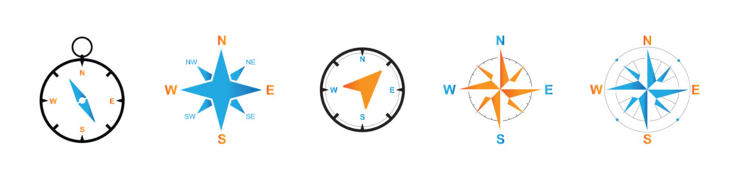 Compass Icons Collection in Flat Vector Style.