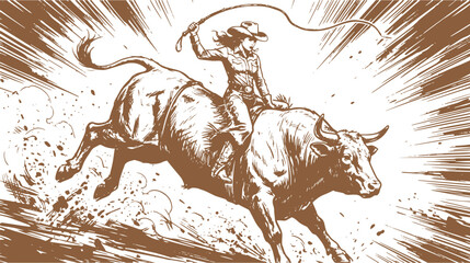 Cowgirl bull rider with bull kicking up back legs sketch on white background.