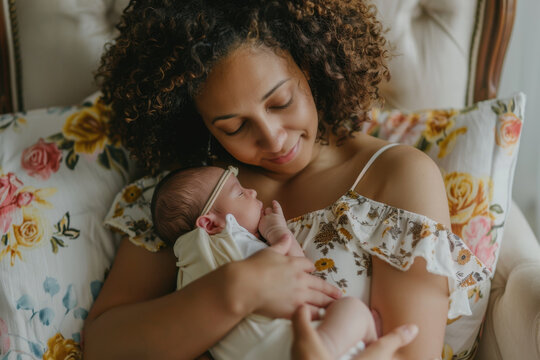 Jeunes m&egrave;res tenant leur nouveau-n&eacute; dans un int&eacute;rieur chaleureux. Portraits intimistes, lumi&egrave;re naturelle douce, moments de tendresse, lien maternel et douceur du post-partum.