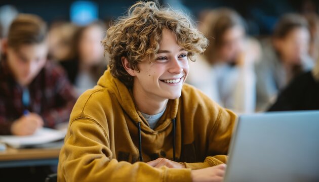 Joyful Student Engaged In Laptop-Based Learning In High School Classroom.