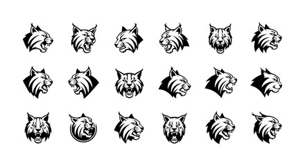 Set of Black Bobcat Head Mascot Logo Vector Icons Collection © Pixern