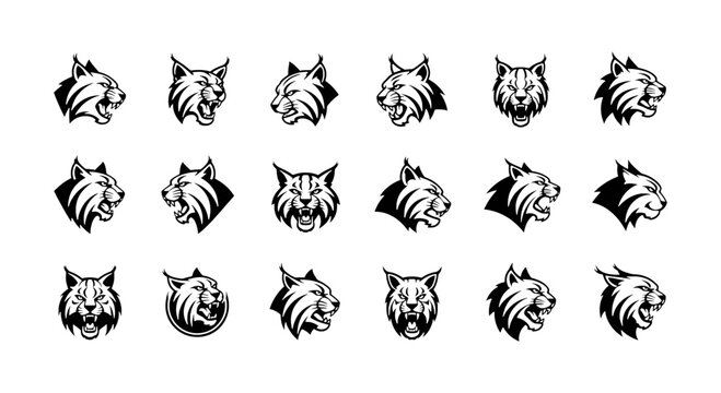 Set of Black Bobcat Head Mascot Logo Vector Icons Collection