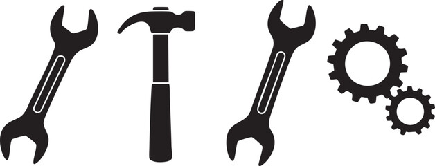 Black silhouette tools and gears on white background wrench hammer