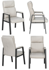 Obraz premium Modern office visitor chair photographed in studio and isolated on transparent background. Comfortable upholstered chair with metal frame and armrests, suitable for conference rooms, meeting
