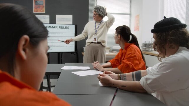 Over shoulder shot of young woman as female inmate taking notes at desk while listening to mature female teacher pointing at screen with grammar rules during class in prison education program