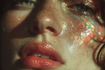 Female lips close up graphic poster. Glossy Lips Close-Up Beauty Woman Portrait.