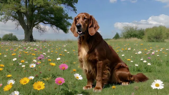 A Focused Canine Portrait of an Irish Setter Dog Sitting in a Blooming Spring Meadow