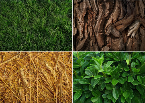Set of 4 natural textures: green grass, tree bark, golden straw, and fresh foliage