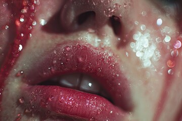 Lipstick texture macro background. Wet Red Lips Shine Close-Up Portrait.