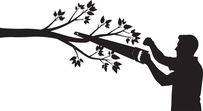 Man silhouetted against a white background, sawing a branch with leaves, conceptualizing cutting back or decision making.