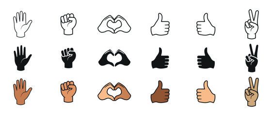 Obraz premium Inclusive Hand Gesture Icon Set – Diversity, Love, Support & Social Media Reaction Vector Collection