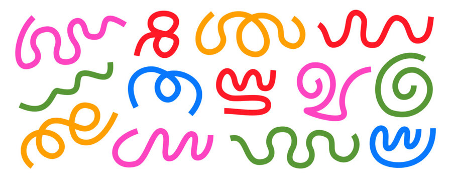 Colorful abstract doodle wavy line shapes, squiggle color wave confetti, cute carnival confetti ribbons for kid birthday party, colorful swirls and curves, line squiggles elements