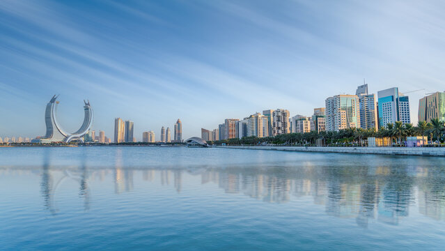the newly developed lusail city with winter wonderland and crescent tower in the background.