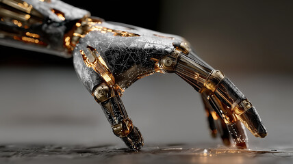 Close-up of a high-tech robotic hand with intricate metallic textures and glowing amber circuitry. Futuristic concept of artificial intelligence, robotics, and advanced engineering.