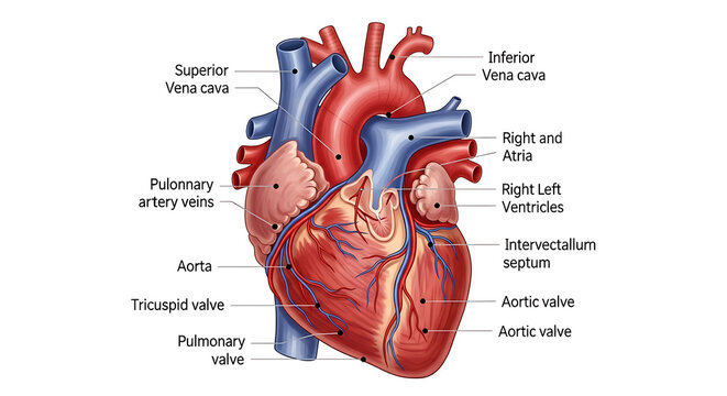 Detailed anatomical heart diagram with labels isolated on a transparent background 1