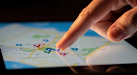 Finger touching digital map on tablet navigating city location