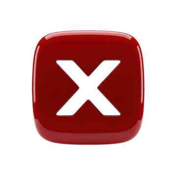 Highly reflective, vivid-red squircle 3d cancellation button with a subtle white 'x' deboss, isolated on infinite white, extreme close-up pbr render. Concept of finality and termination