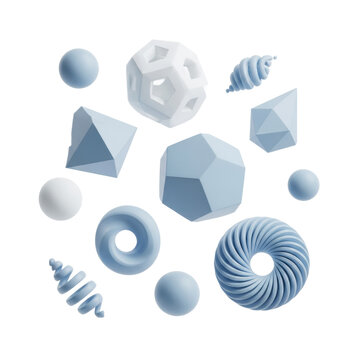 highly detailed 3d rendering of floating pastel blue geometric forms&mdash;spheres, ribbons, and dodecahedrons&mdash;against an infinite white background with copy space. concept of organized simplicity