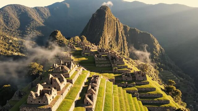 Stunning aerial video of machu picchu ancient inca ruins in peru as mist gently drifts across majestic peaks