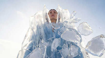 Woman surrounded by ice sculpture with serene expression outdoors  