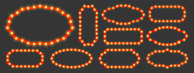 Set of retro glowing frames with light bulbs isolated on dark background for vintage signage, theater, carnival, holiday and promo design