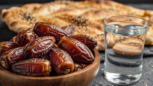 Sweet dried fruits and clear beverage with flatbread sprinkled with seeds