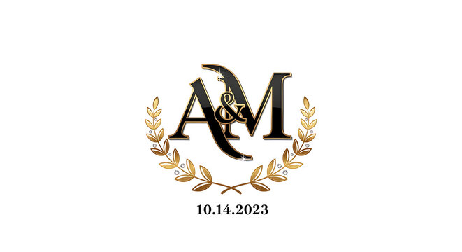 Black and gold monogram with laurel wreath isolated on a transparent background