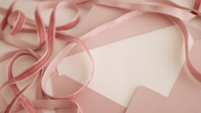 Elegant wedding invitation suite featuring a soft blush pink velvet ribbon tied in a bow on luxury textured pastel pink paper envelope. Close-up slow-motion detail video of bridal stationery.